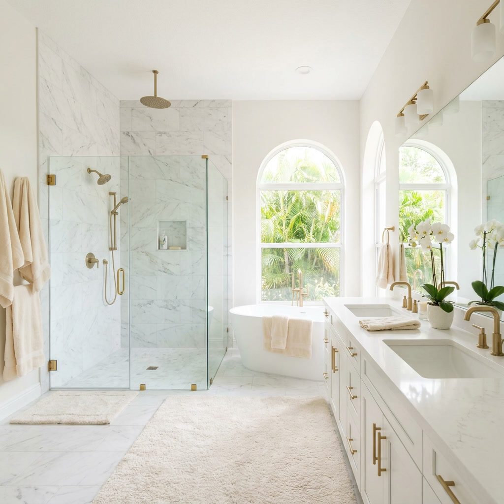 After: Luxury master bathroom with marble tile, frameless glass shower, freestanding tub, and gold fixtures in Boca Raton, FL