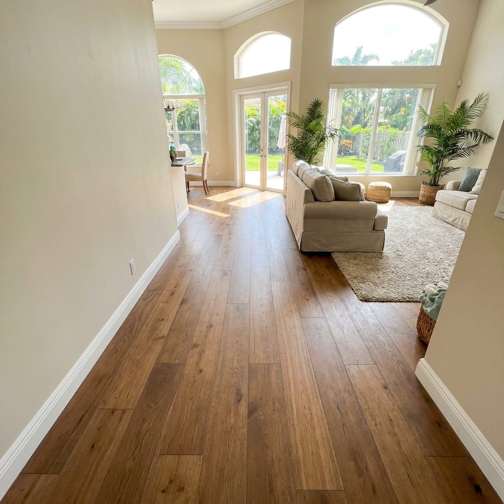 After: Beautiful warm oak hardwood flooring freshly installed in spacious Florida home hallway in Coral Springs, FL
