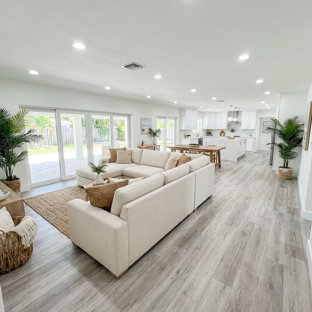 After: Open-plan living area renovation with LVP flooring, white walls, recessed lighting, and open kitchen in Pembroke Pines, FL